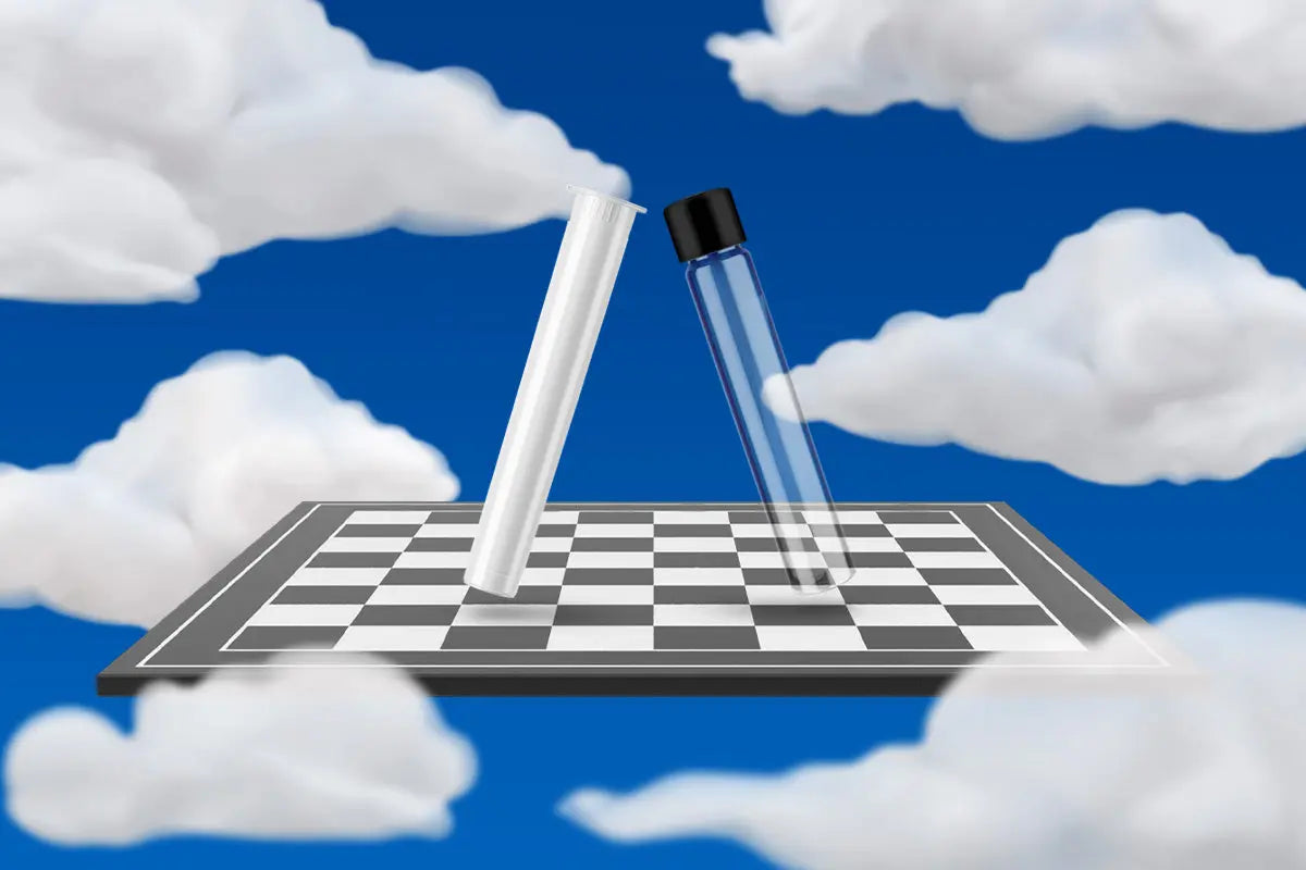 Side-by-side comparison of plastic pop top preroll tubes and glass preroll tubes